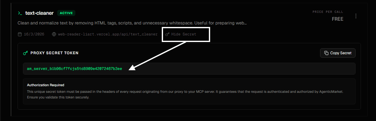 Dashboard showing proxy secret location