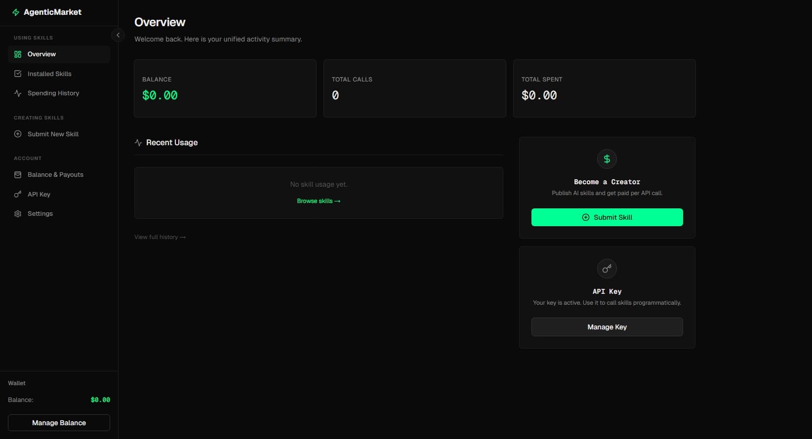 Dashboard overview on first login